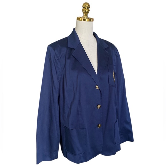 Ralph Lauren Women’s Navy Blue Crest Patch Classic Cotton Blazer Size 2X Preppy - Picture 2 of 8